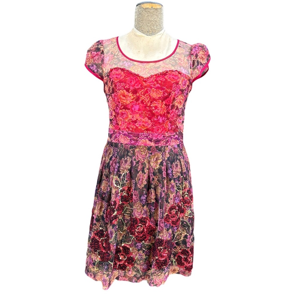 Red burgundy sheer beaded cap sleeve dress sequined roses Yamanqi-Sz Small?